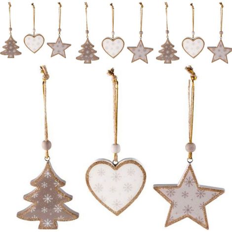 9 Decorazioni Natalizie da Appendere in Legno con Cuora, Albero, Stella (1/3)