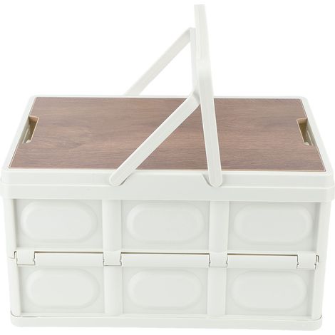 Boîte de rangement portable pour le camping, avec poignée, couvercle en bois amovible et pliable. (1/5)