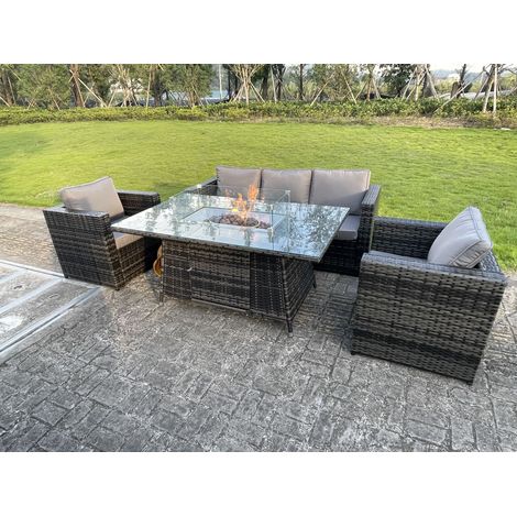 Fimous PE Wicker 5 Sitzer Rattan Gartenmöbel Set Gas Feuerstelle Esstisch Outdoor Feuertisch Sets Lounge Gartensofa Set mit Stuhl Gehärtetes Glas (1/4)