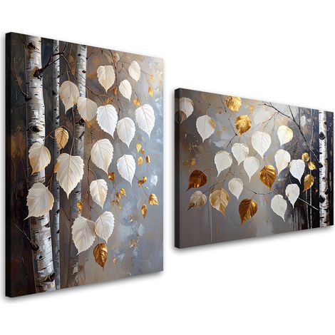 Tableaux sur toile lot  Feuilles de bouleau blanches et dorées nature gris 2 x 20x30