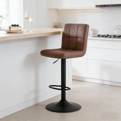 Tabouret de bar 44x38x92-114 cm en métal et simili cuir marron, relevable pour cuisine FloraGrace (1/4)