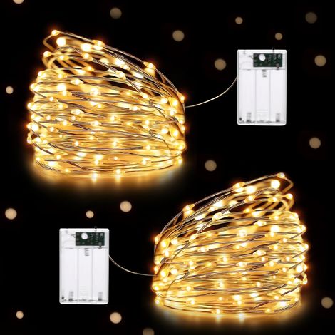 Guirlande lumineuse 10m 100 LED fil cuivre,2 modes,piles,intérieur/extérieur,jardin,mariage,fête,Noël,déco blanc chaud,lot de 2 (1/5)