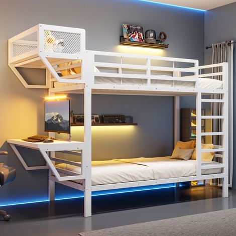 Cama alta loft 90x200 cm de metal con escritorio y estantes, ahorra espacio con somier, estilo industrial - Blanco (1/5)