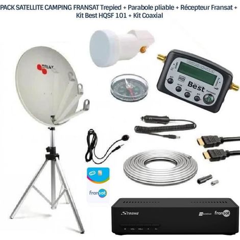 Pack Satellite Camping - FRANSAT - SRT 7407 - Parabole pliable 60 cm - Trépied Aluminium - Kit Coaxial