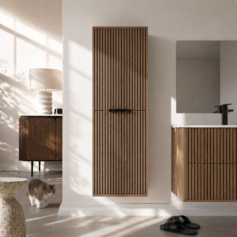 Colonna bagno 2 ante scanalate rovere e nero 35x30x120 cm - YUKI (1/5)