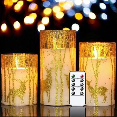 Flameless candles decorated with moose, with remote timer, movable wick and battery-operated flickering LED light, set of 3 (1/5)