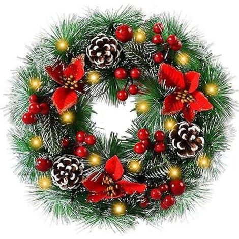 Christmas Wreath, 30cm Diameter Artificial Christmas Wreath, for Front Door Decoration Pine Cone Berry Snowflake Decoration (Comes with LED Lights) MUMU (1/4)