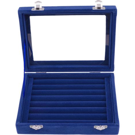 Samt-Schmuckkästchen mit 7 Fächern und transparentem Deckel für Ringe, Halsketten und Ohrringe – Blau (1/5)