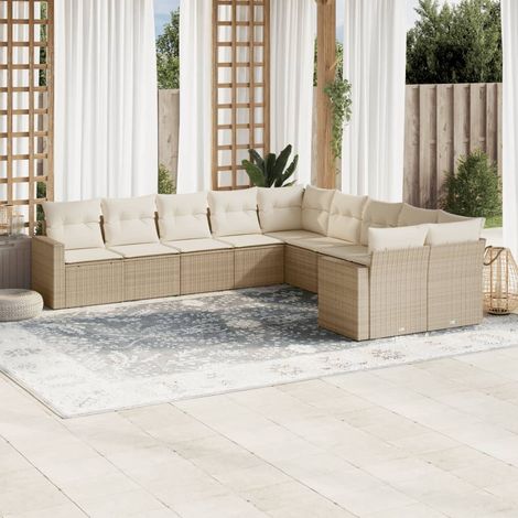 Salon de Jardin 10 Places en Résine Tressée Beige avec Coussins - Ensemble Modulaire Canapé d'Extérieur (1/4)