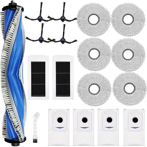 Parti di ricambio per robot aspirapolvere Ecovacs Deebot X5 Omni e X5 Pro: 1 spazzola principale, 6 panni per mocio, 4 sacchetti per la polvere, 2 filtri e 4 spazzole laterali.