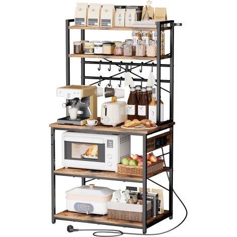 Étagère de Cuisine, Meuble de Rangement 80x40x161,8 cm, avec Multiprise Intégrée et Câble de 1,5 m, Support pour Micro Ondes, Bar à Café, Épices, Vaisselle, Multi Niveaux et 12 Crochets en S (1/5)