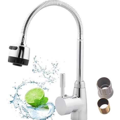 Chaude et Froide Réglable et, et de Cuisine, et de Cuisine Avec Douchette Extractible, Rotatif à 360°, 2 Types de Jets, avec Ecrou en Plastique, pour Cuisine et Salle de Bain (Argent) (1/5)