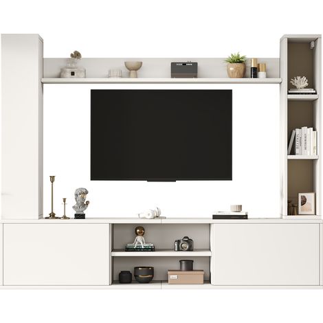 180×35×33,5cm Ensemble mural TV avec vitrines (set complet 4 pièces),mur TV avec meuble TV,étagère sur pied et 2 étagères murales,meuble TV salon,à poser et à suspendre,pour TV jusqu’à 80 pouces,blanc