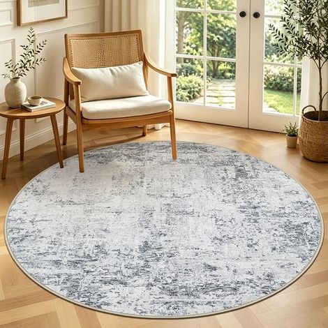 Grey Abstract Round Rug ø135 cm Modern Non-Slip Living Room Round Washable Rug Short Pile Soft Round Beige for Living Room Bedroom Home Office Decoration (1/5)
