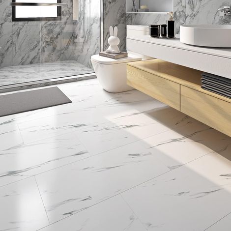30X60CM 15 Dalles PVC Adhesives Sols Autocollant Mural Chambre Salon Marbre Blanc PVC Revêtement de Sol Adhésif Salle de Bain Imperméable Carrelage Adhesif Sol Blanc Effet Marbre pour Mur (1/5)