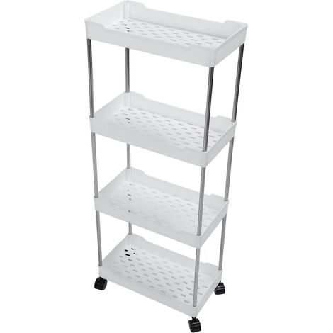 Chariot de rangement à roulettes à 4 niveaux en acier inoxydable PP élargi, blanc, idéal pour salle de bain, toilettes, salon et cuisine. (1/5)