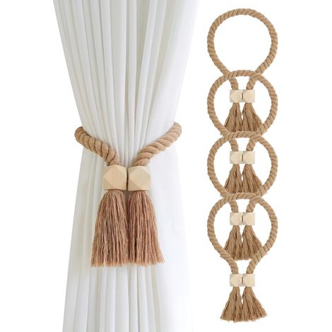 Lot de 4 attaches rideaux magnétiques, perles bois bohème, pour décoration balcon, bureau ou café. (1/5)