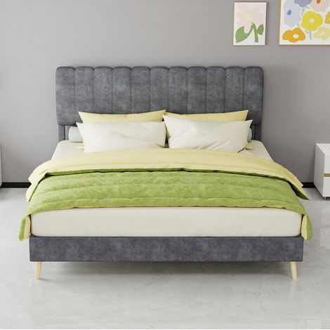 Bett modern 160x200 cm, Samtstoff Grau, Metallgestell, gepolstertes Design, einfache Montage (1/5)
