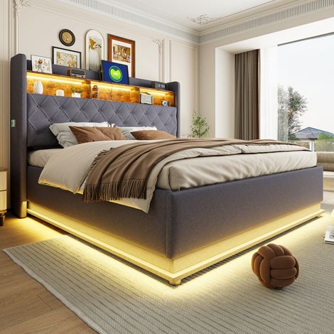 Bett Polsterbett Stauraum 180x200 mit LED USB Grau OKMYHOME