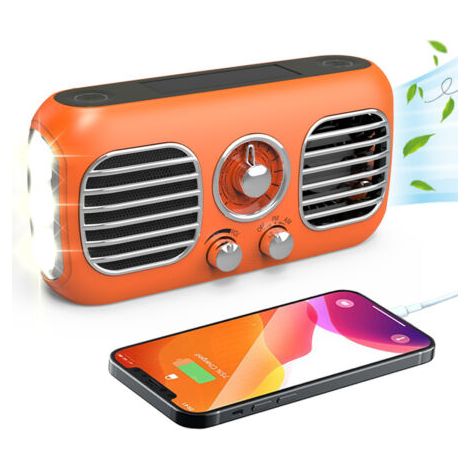 Radio d'urgence avec ventilateur portable, radios météo AM/FM/WB avec sirène SOS, manivelle/panneau solaire/4000 mAh/banque d'alimentation/bouton rotatif/récepteur rétro rechargeable avec (1/5)