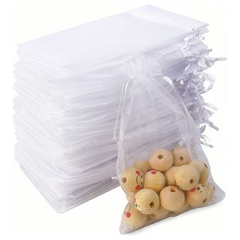 Longziming – Lot de 100 sachets organza 10 x 15 cm – Pochette cadeau blanche avec cordon de serrage – Sacs à bonbons, bijoux et fleurs – Protection fruits