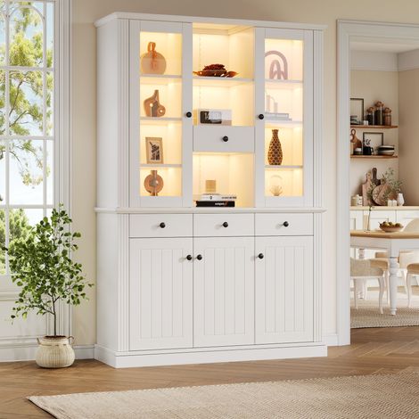 Vitrina con 4 Cajones y 5 Puertas, Estantes Ajustables, LED, Salón, 119,5×40×180 cm, MDF, Blanco