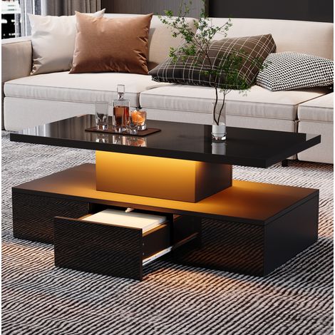 Table basse 100x50x39 cm noire en panneaux de particules avec LED dimmable, tablette ouverte et 1 tiroir (1/5)