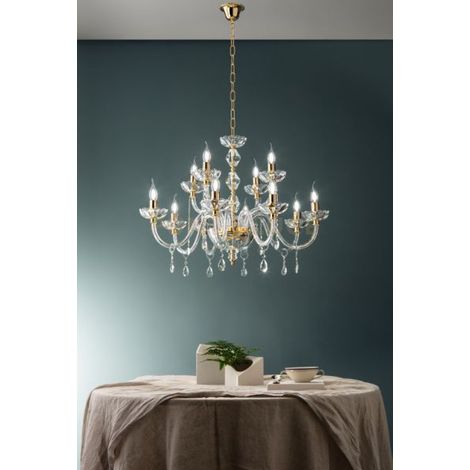 LAMPADARIO BRIGIDA 12 LUCI CRISTALLO E ORO ATTACCO E14 D.85CM