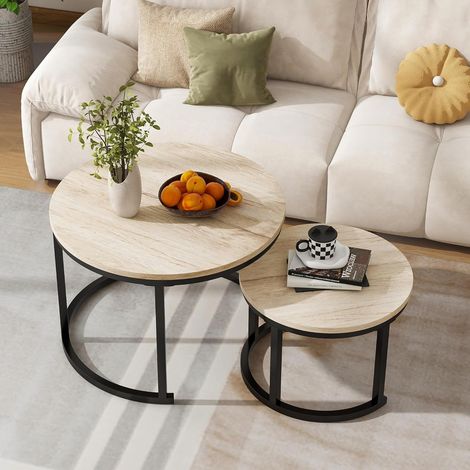 Table basse ronde, lot de 2 table basse de salon de style industriel table d'appoint emboîtable en métal et bois ensemble de tables basses en métal, chêne blanc (1/5)