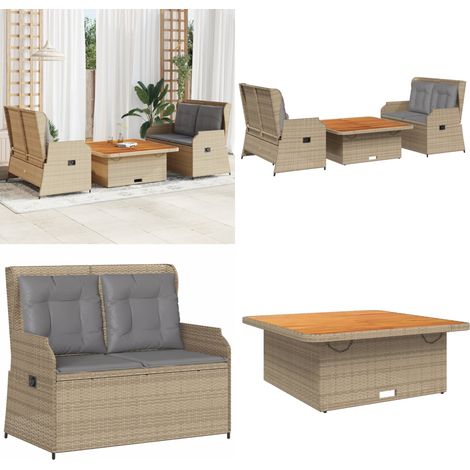Salon de jardin avec coussins 3 pcs beige résine tressée - Banc de jardin - Table de jardin (1/5)