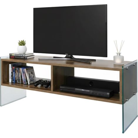 Dmora - Meuble TV Algorab, Buffet de salon, Armoire basse pour TV, Base murale de rangement, 120x35h45 cm, Noyer, avec emballage renforcé