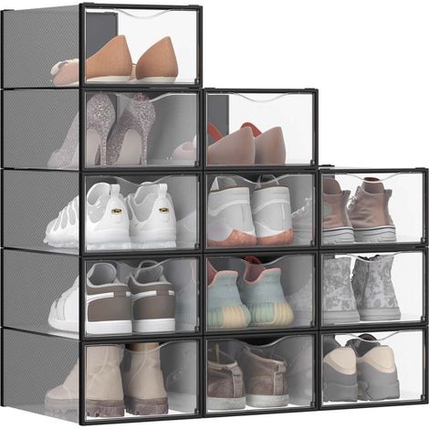 Cajas organizadoras de zapatos de plástico con puerta juego de 12 apilables fácil montaje 33,2 x 23 x 145 cm para tallas de calzado hasta 43 color negro 120004466 (1/5)