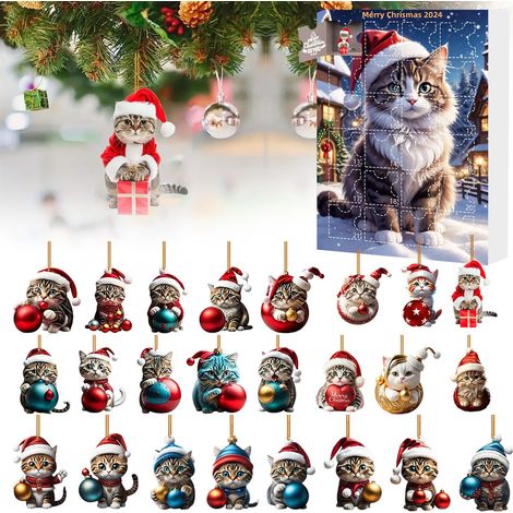 Calendrier de l'Avent à motif chat - 24 adorables décorations de chat en acrylique 2D pour le sapin de Noël - un calendrier de l'Avent avec 24 jours de Noël pour les amoureux des chats (1/5)