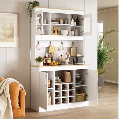 Buffet de cuisine 106x39x175 cm naturel et blanc en panneau de particules avec portes vitrées et range-bouteilles (1/5)