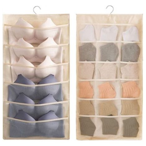 Rangement suspendu - 30 poches suspendues pour placard, soutien-gorge, sous-vêtements, chaussettes, cravates, grand organiseur mural pour vêtements, gain de place, double face (24 riz blanc) (1/4)
