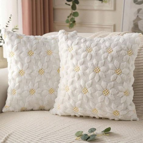 Collection printemps-été: ensemble de 2 boîtiers de coussin avec fleurs de soleil de couleur crème, 45 x 45 cm. Fleurs de saison, style rural, motif floral, pluche douce, adapté à la banque à la maiso (1/5)