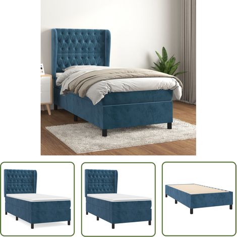 The Living Store Sommier à lattes de lit avec matelas Bleu foncé 90x190 cm - Lit Tapissier - Lit Double - Lit Velours - Lit Design - Literie