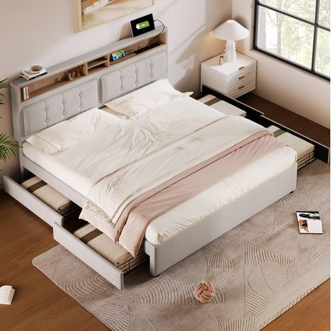 Lit rembourré moderne 140x200 cm beige avec tête de lit réglable, 4 tiroirs, prises USB/Type-C et sommier à lattes (1/5)