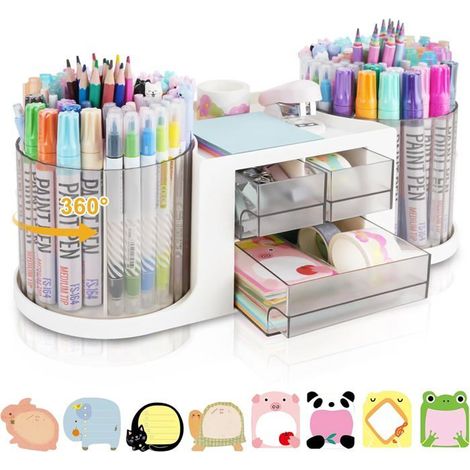 Organiseur de bureau rotatif avec 2 porte-stylos, 3 tiroirs et 10 compartiments Rangement compact et multifonctionnel (1/5)