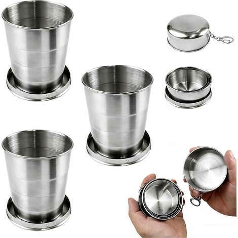 3 Pièces Gobelet Pliable en Acier Inoxydable,Acier Inoxydable Gobelet Retractable avec Porte-Clés Pour Camping, Randonnée, Voyage en Plein Air 250ml (1/5)