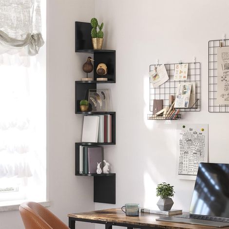 Étagère d’angle murale noire à 5 niveaux, rangement vertical peu encombrant, bibliothèque d’angle pour salon, chambre, bureau et cuisine (1/5)