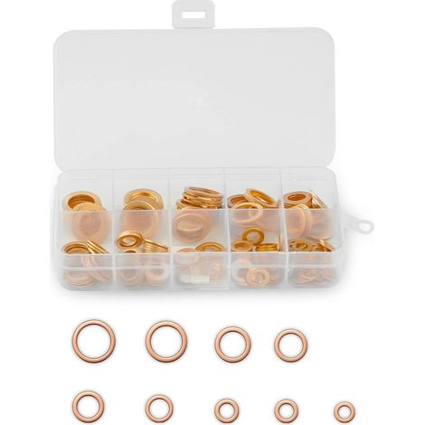 200 Stück Kupfer-Metallscheiben, Kupfer-Flachscheiben-Dichtungsring, Messing-Flachdichtungen mit Sortierbox, geeignet für Schraubverschlüsse (M5/M6/M8/M10/M12/M14)