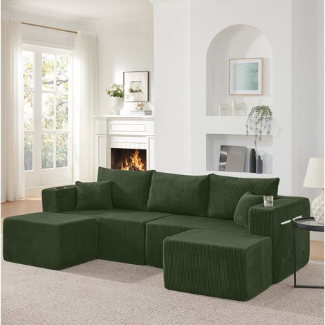 Divano angolare modulare 3 posti, ottomani mobili, tessuto a coste verde OKMYHOME (1/5)