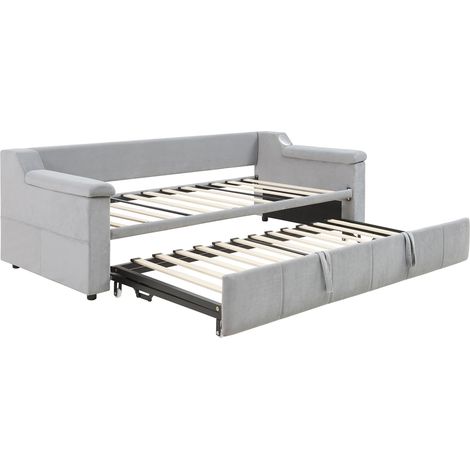 Divano letto imbottito 90/180x190 cm in velluto grigio chiaro con Bluetooth e USB (1/5)