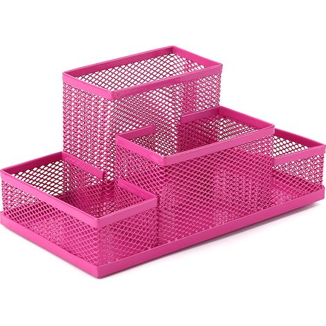 Porte-stylo organisateur de bureau en métal multifonctionnel avec boîte de rangement de papeterie à tiroir coulissant en maille pour bureau à domicile(rose rouge) (1/5)