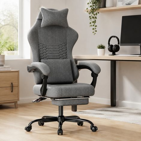 Silla gaming de oficina FloraGrace, 58,5 x 63 x 120,5 cm, tela gris oscuro, reclinable (1/5)