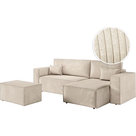 PACK - CLARISSE - Canapé d'angle convertible réversible avec pouf en velours côtelé - Beige (1/5)