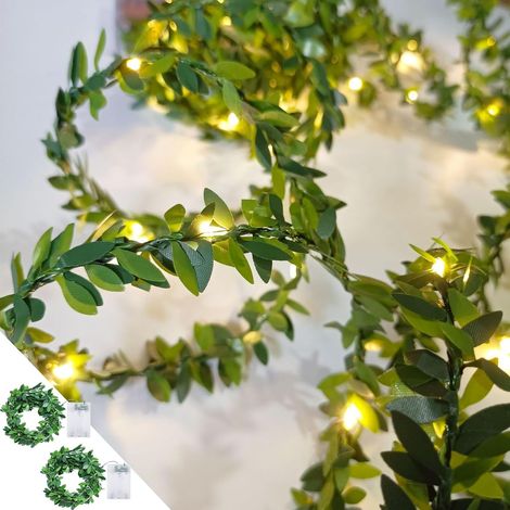 2er-Pack 2 m lange Lichterketten mit grüner Blättergirlande, batteriebetrieben, 20 LEDs, künstliche Pflanzenrankenlampe, ideal für Schlafzimmer, Weihnachten, Wand, Garten, Hochzeit, Party-Tafelaufsatz