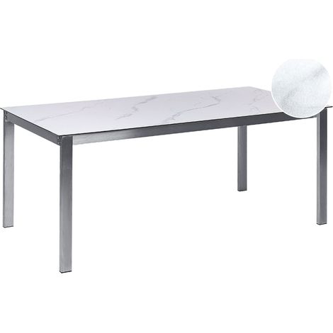 Tavolo da pranzo da giardino a 6 posti 180 x 90 cm Piano in vetro temperato effetto marmo Struttura in acciaio inox Cosoleto
