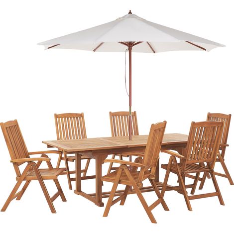 Conjunto de comedor 6 plazas de madera de acacia beige cojines sillas sombrilla Java